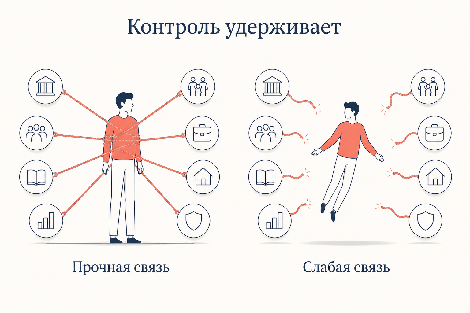 Сравнение: человек с прочной связью остаётся на месте, человек со слабой связью отрывается и дрейфует прочь
