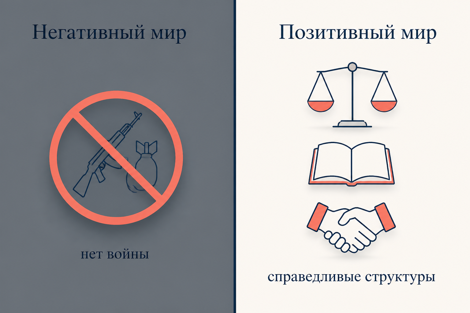 Негативный и позитивный мир по Галтунгу: негативный - только отсутствие прямого насилия, позитивный - справедливые структуры и культура ненасилия