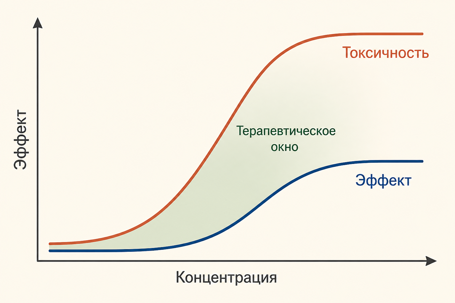 Кривые доза-ответ для эффекта и летальности: ED50 обозначена на оси эффекта, LD50 - на оси токсичности, расстояние между ними отражает терапевтический индекс