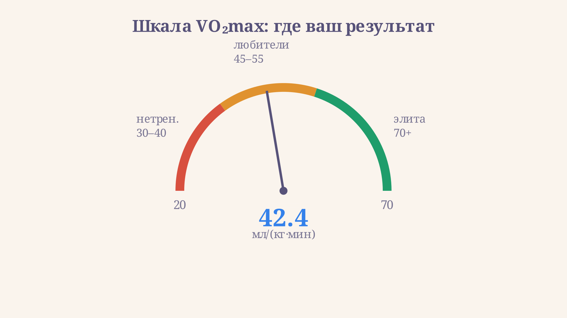Шкала VO2max с зонами оценки: низкий, средний и высокий уровень потребления кислорода для взрослого человека