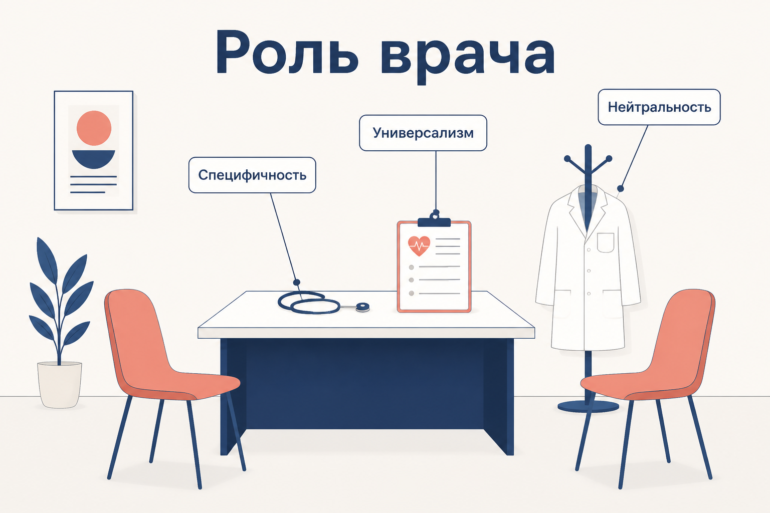 Кабинет врача: стетоскоп, медицинская карта и халат подписаны как специфичность, универсализм и нейтральность