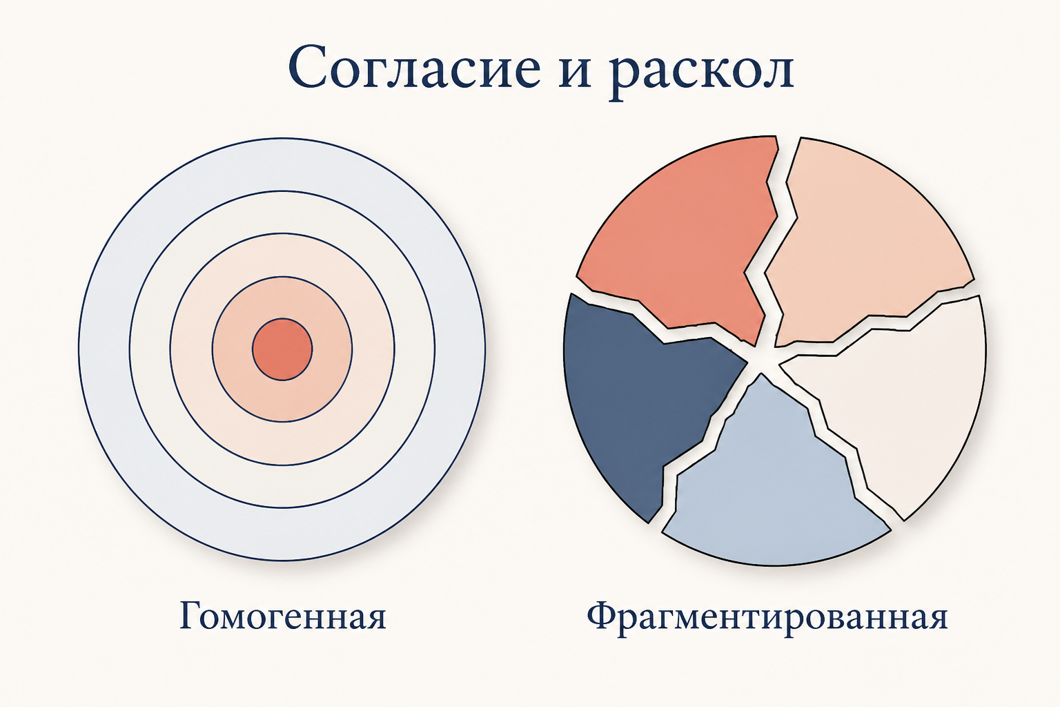 Сопоставление гомогенной политической культуры с общим ядром ценностей и фрагментированной культуры из несогласованных субкультур