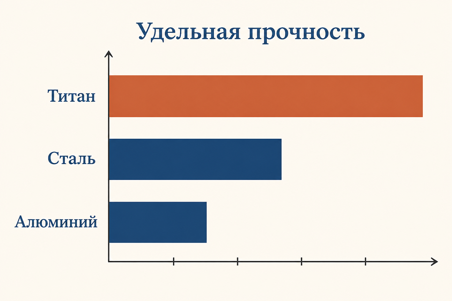 Сравнение удельной прочности титана, стали и алюминия столбчатой диаграммой