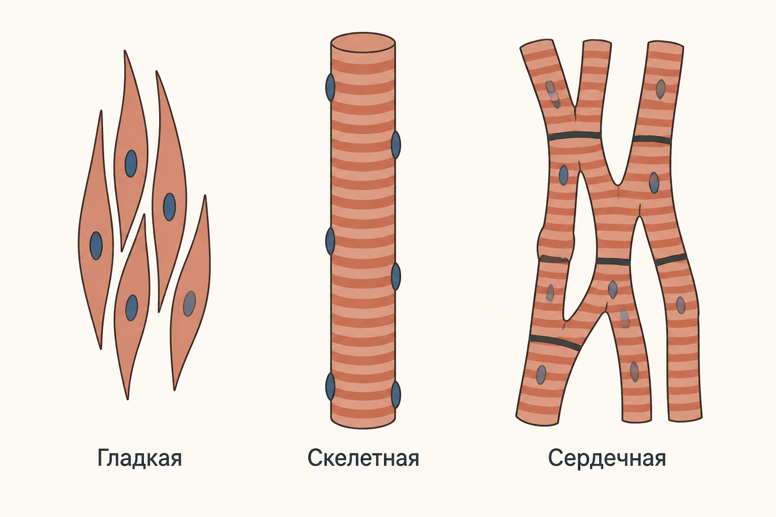 Схема трёх видов мышечной ткани: веретеновидные клетки гладкой, многоядерное поперечнополосатое волокно скелетной и ветвящиеся кардиомиоциты со вставочными дисками