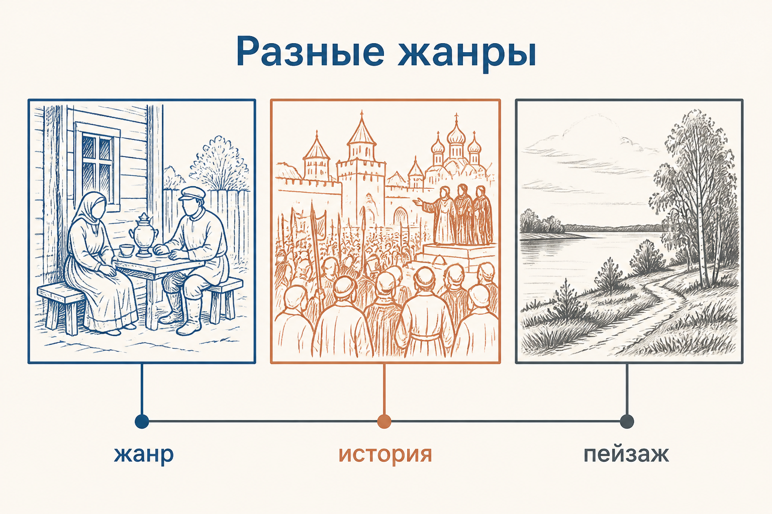 Групповая композиция передвижников: жанровая сцена, исторический сюжет и русский пейзаж