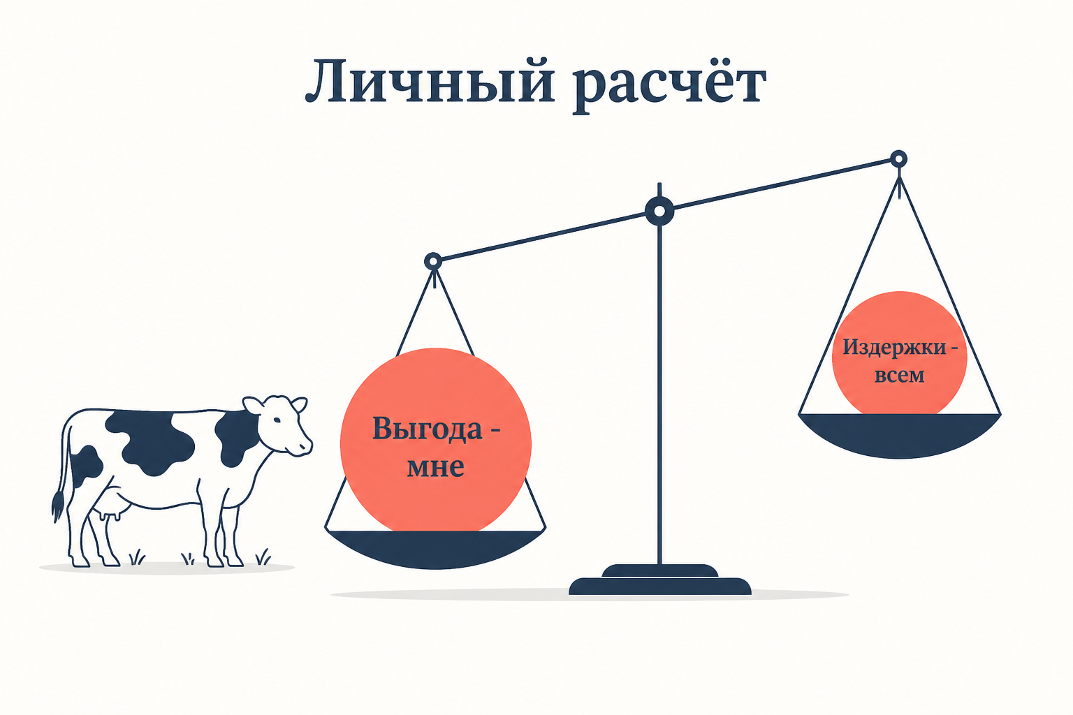 Личный расчёт скотовода: всю выгоду от лишней коровы он получает себе, а издержки от вытоптанного пастбища делятся на всех