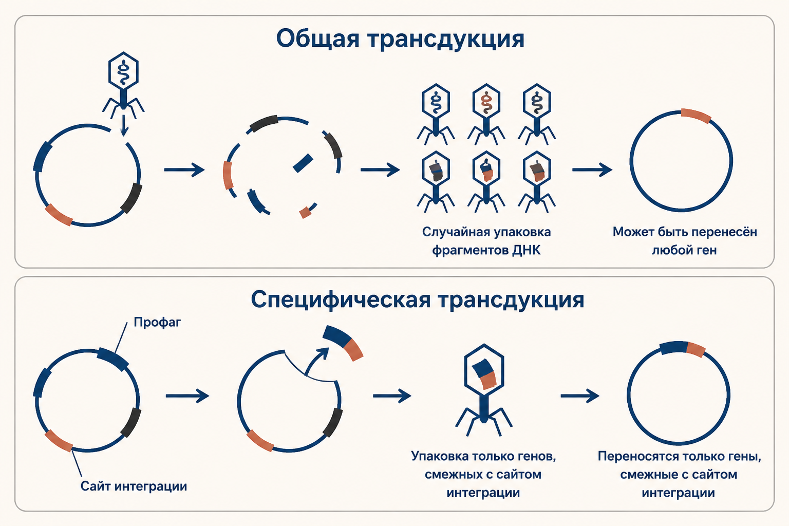 Сравнение механизмов общей и специфической трансдукции: схема переноса генов фагом