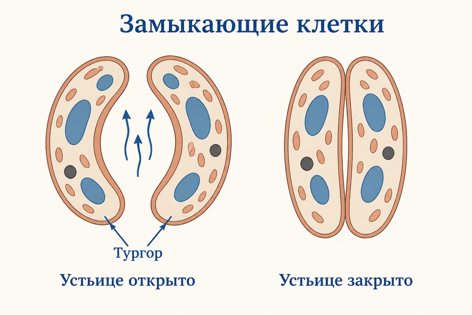 Замыкающие клетки устьица: слева тургор раскрывает пору, справа потеря тургора закрывает её