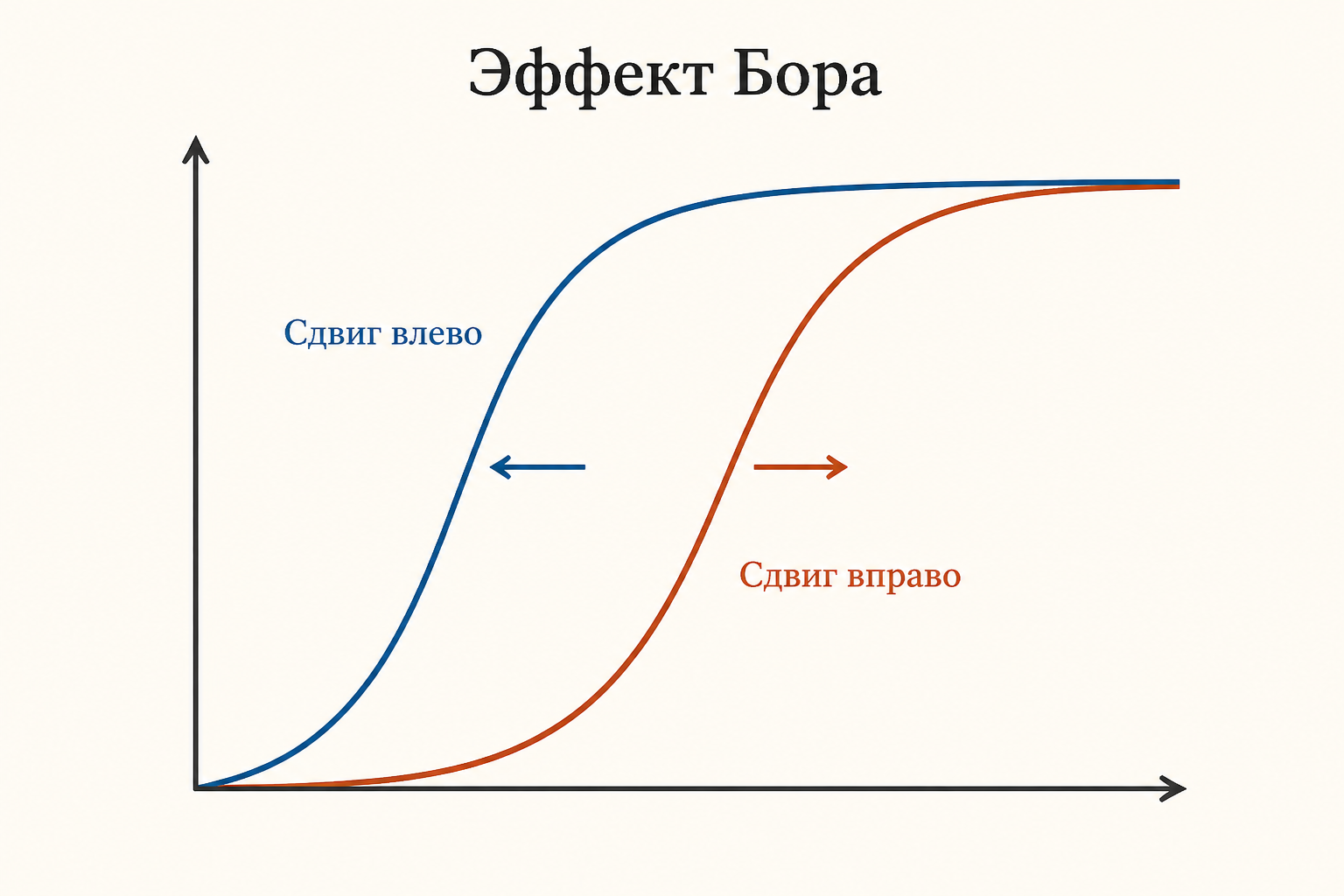 Две кривые диссоциации: одна смещена влево при высоком сродстве, другая вправо при низком сродстве, обозначен эффект Бора