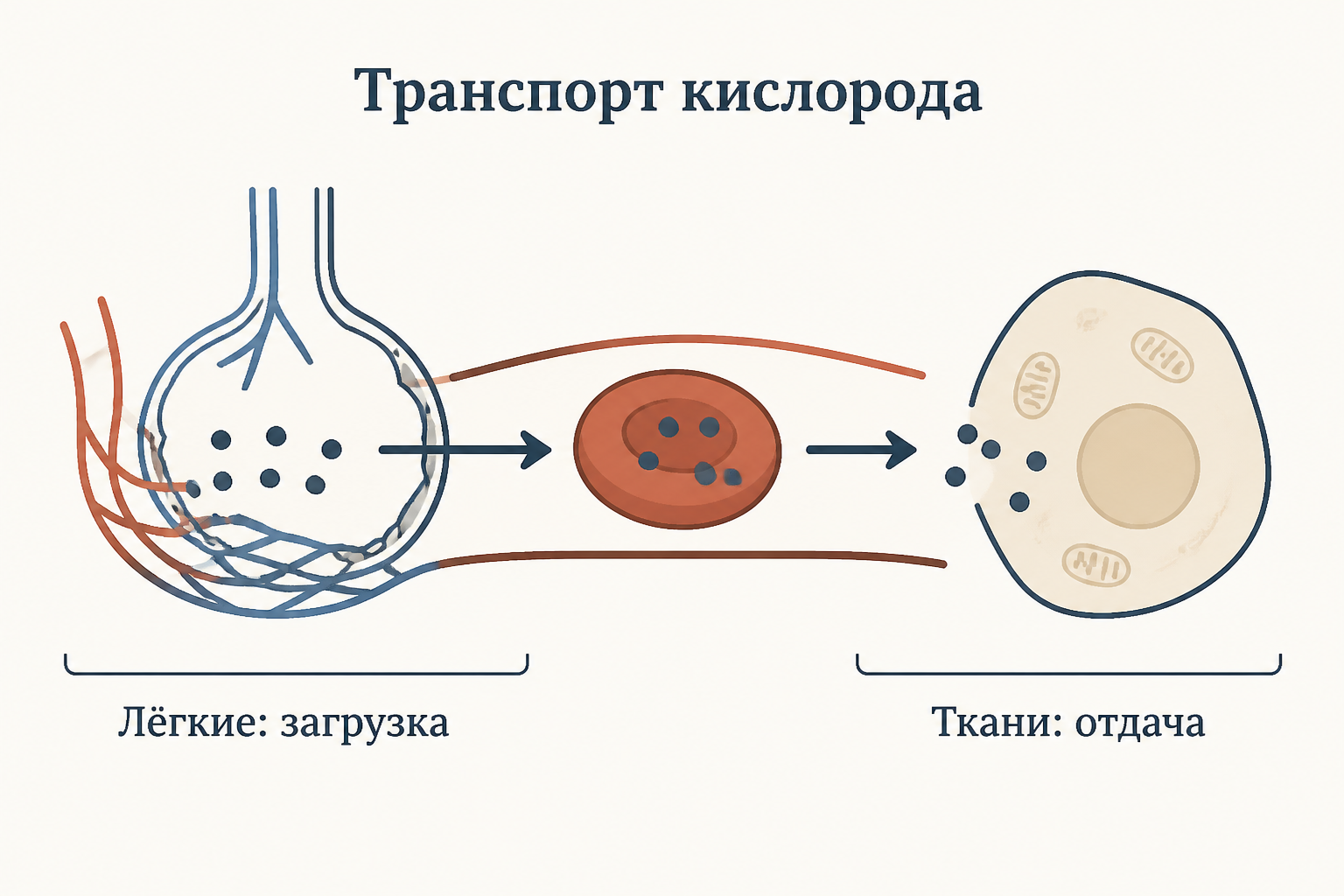 Схема транспорта кислорода: в лёгких эритроцит загружается кислородом, в тканях отдаёт его клеткам