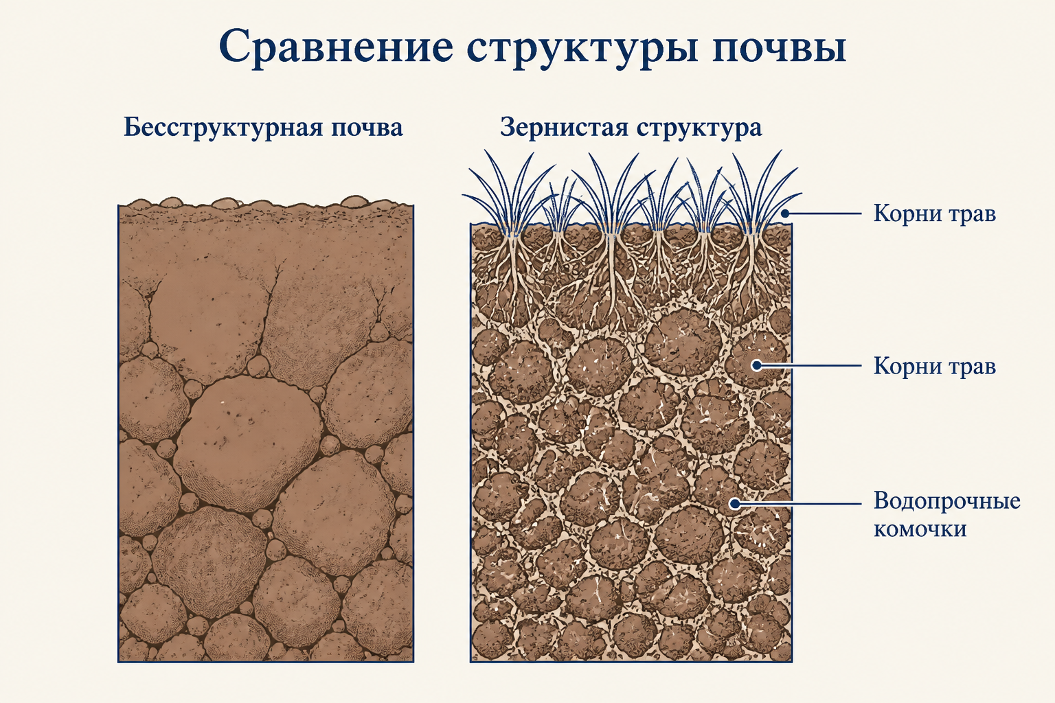 Сравнение бесструктурной и зернистой почвы под травами