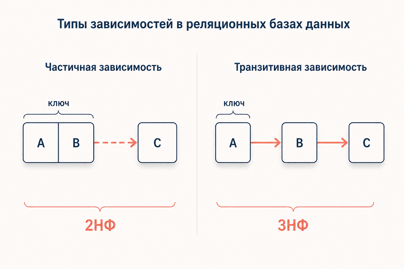 Сравнение 2НФ и 3НФ: частичная зависимость от части ключа против транзитивной через неключевой атрибут