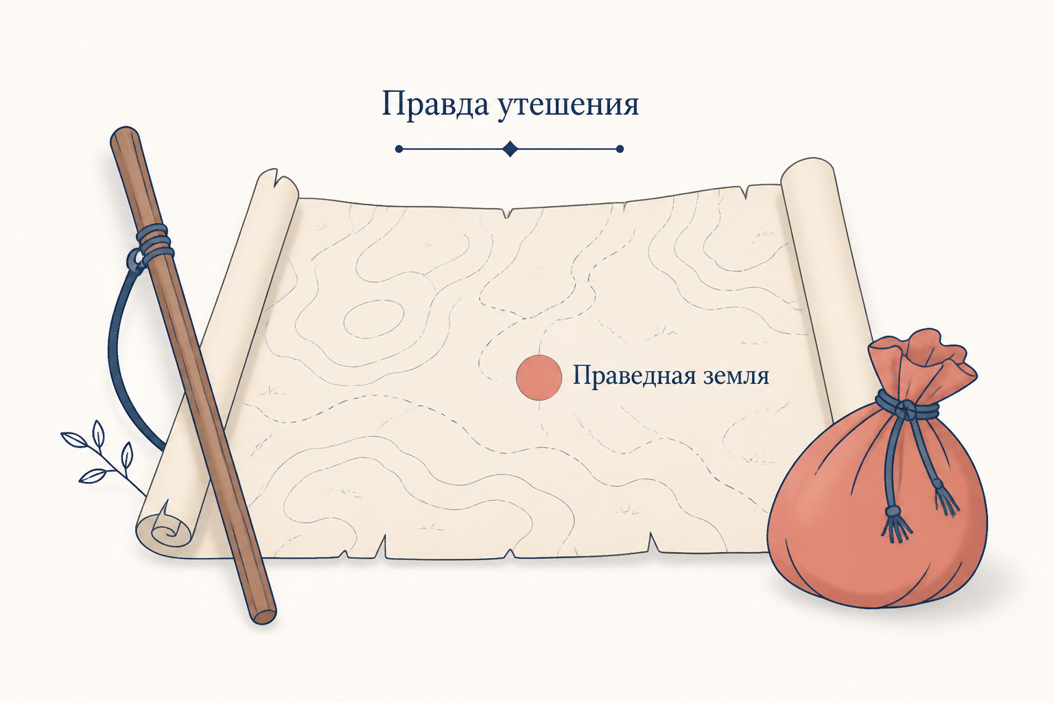 Карта с отмеченной праведной землёй и посох странника как образ правды утешения