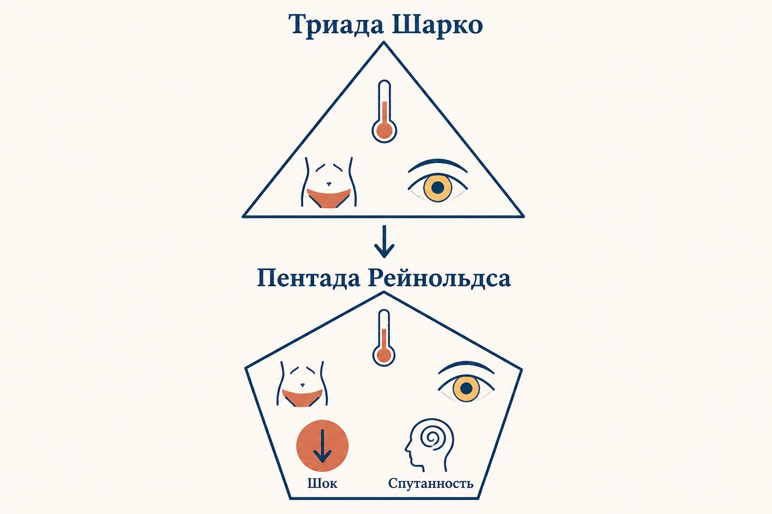 Сравнение триады Шарко и пентады Рейнольдса: к лихорадке, боли и желтухе при тяжёлом течении добавляются шок и спутанность сознания