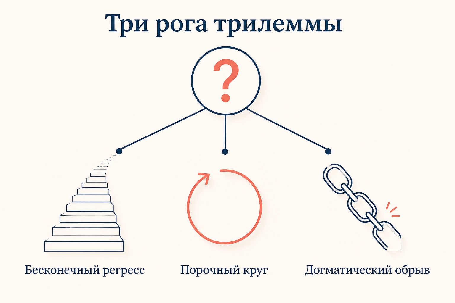 Схема трёх рогов трилеммы: от вопросительного знака расходятся бесконечная лестница регресса, замкнутый круг и оборванная цепь догматизма