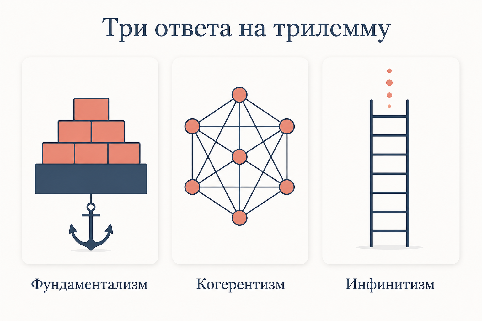 Три ответа на трилемму: фундаментализм с базовым блоком и якорем, когерентизм как взаимоподдерживающая сеть узлов, инфинитизм как бесконечная лестница