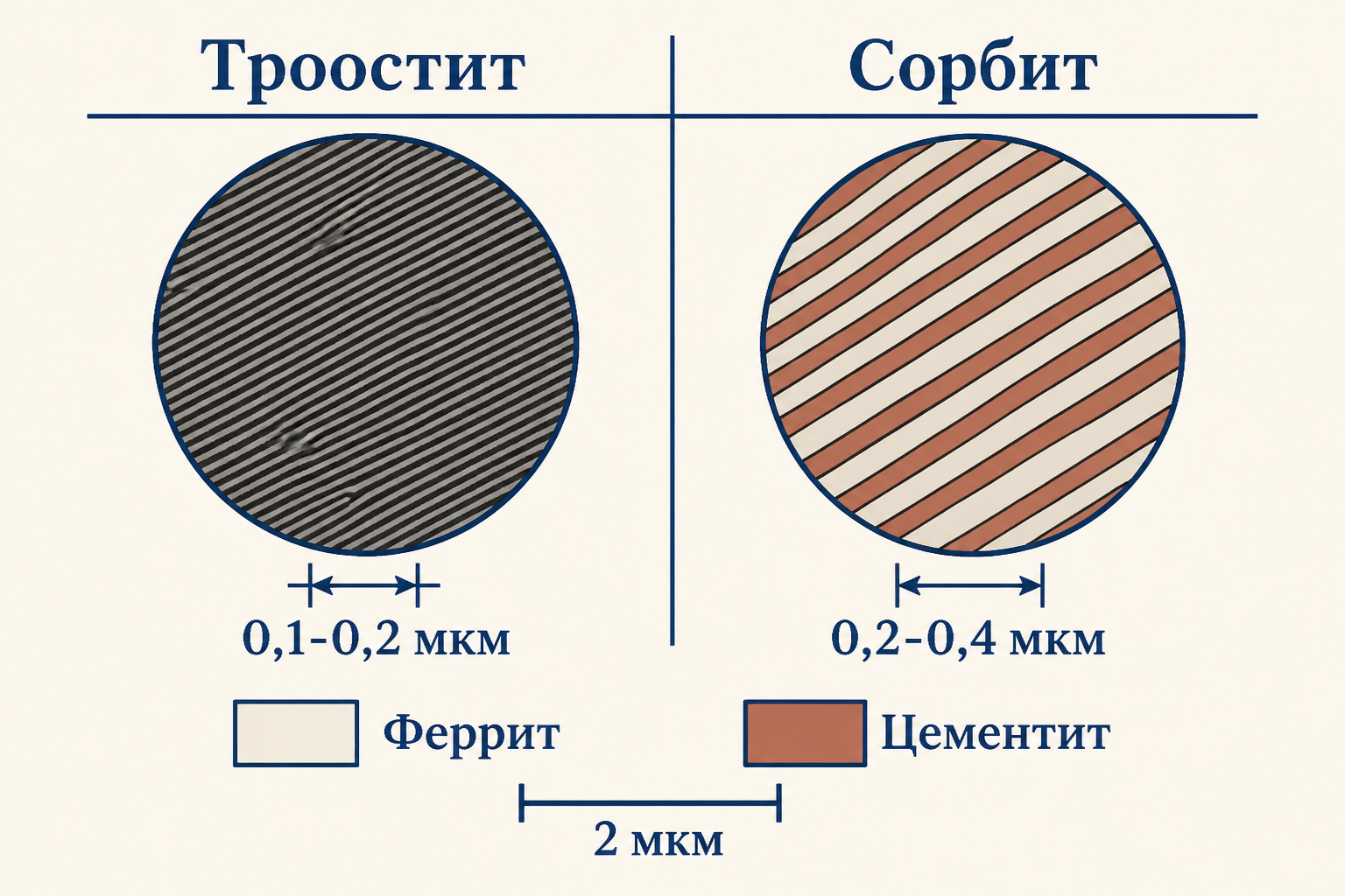 Схема отличий троостита и сорбита: дисперсность пластин феррита и цементита