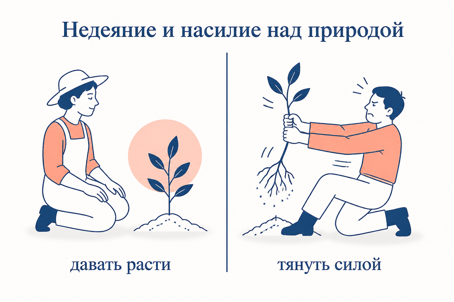 Контраст недеяния и насилия над природой: садовник даёт растению расти само и человек, который тянет росток силой, повреждая корни