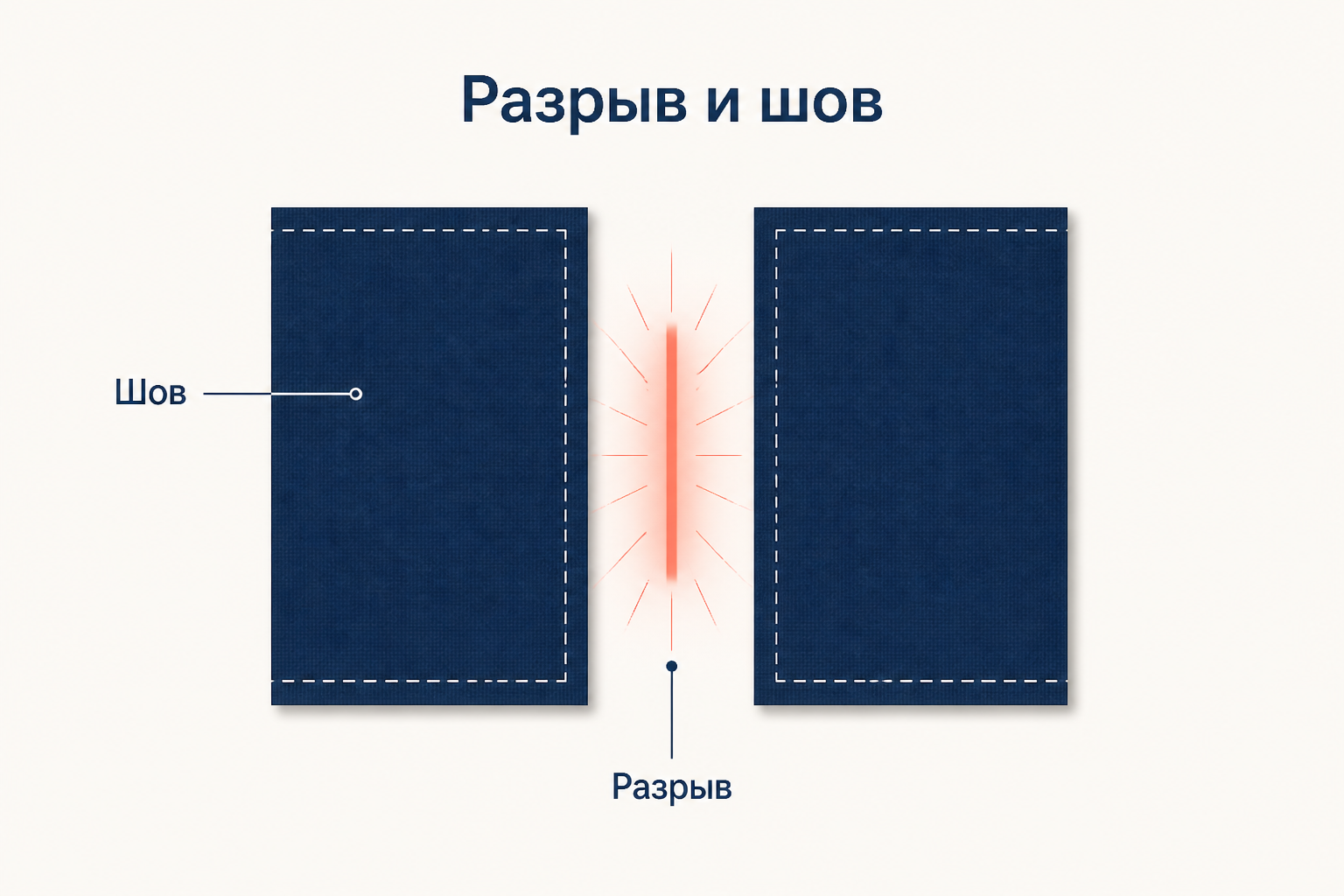Схема двух краёв ткани с сшитым швом и светящимся разрывом между ними