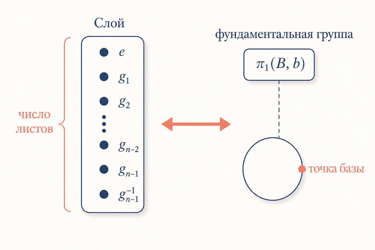 Соответствие слоя и фундаментальной группы: точки слоя над одной точкой базы помечены элементами группы, число листов равно порядку группы