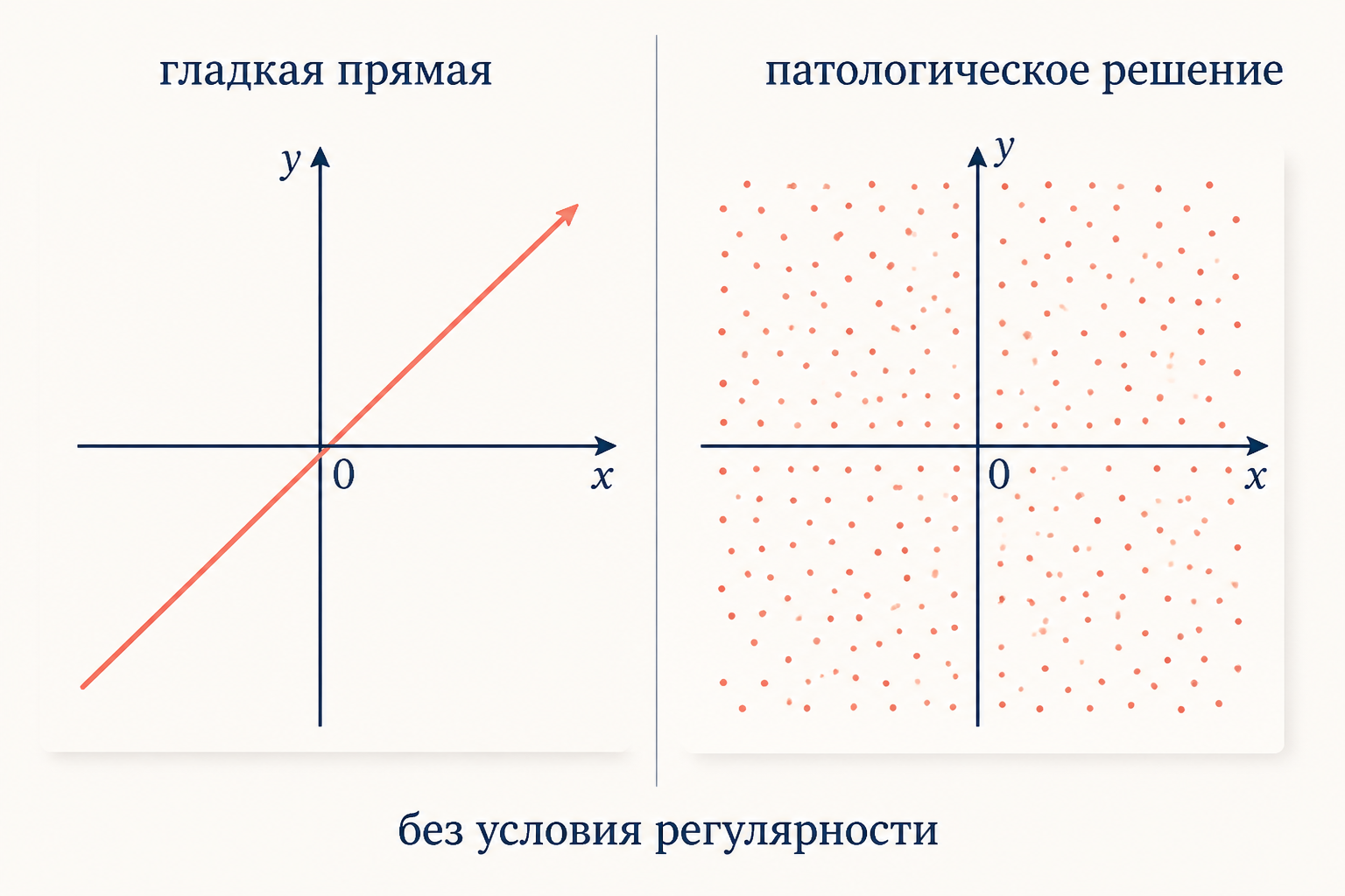 Сопоставление двух решений уравнения Коши: гладкая прямая f(x)=cx и патологический разрывный график без условия регулярности