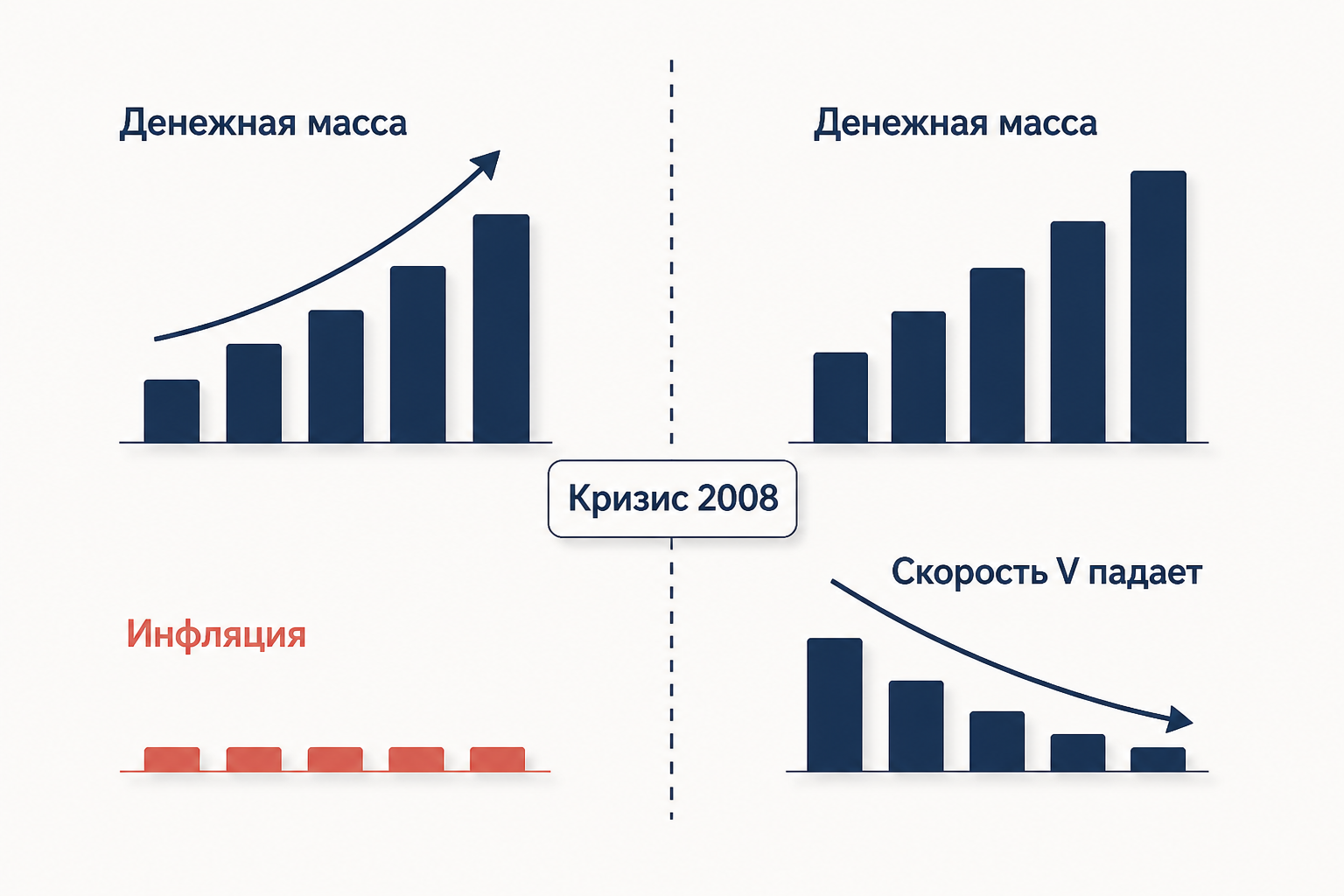 Пример: рост M2 без инфляции при падении скорости V в кризис