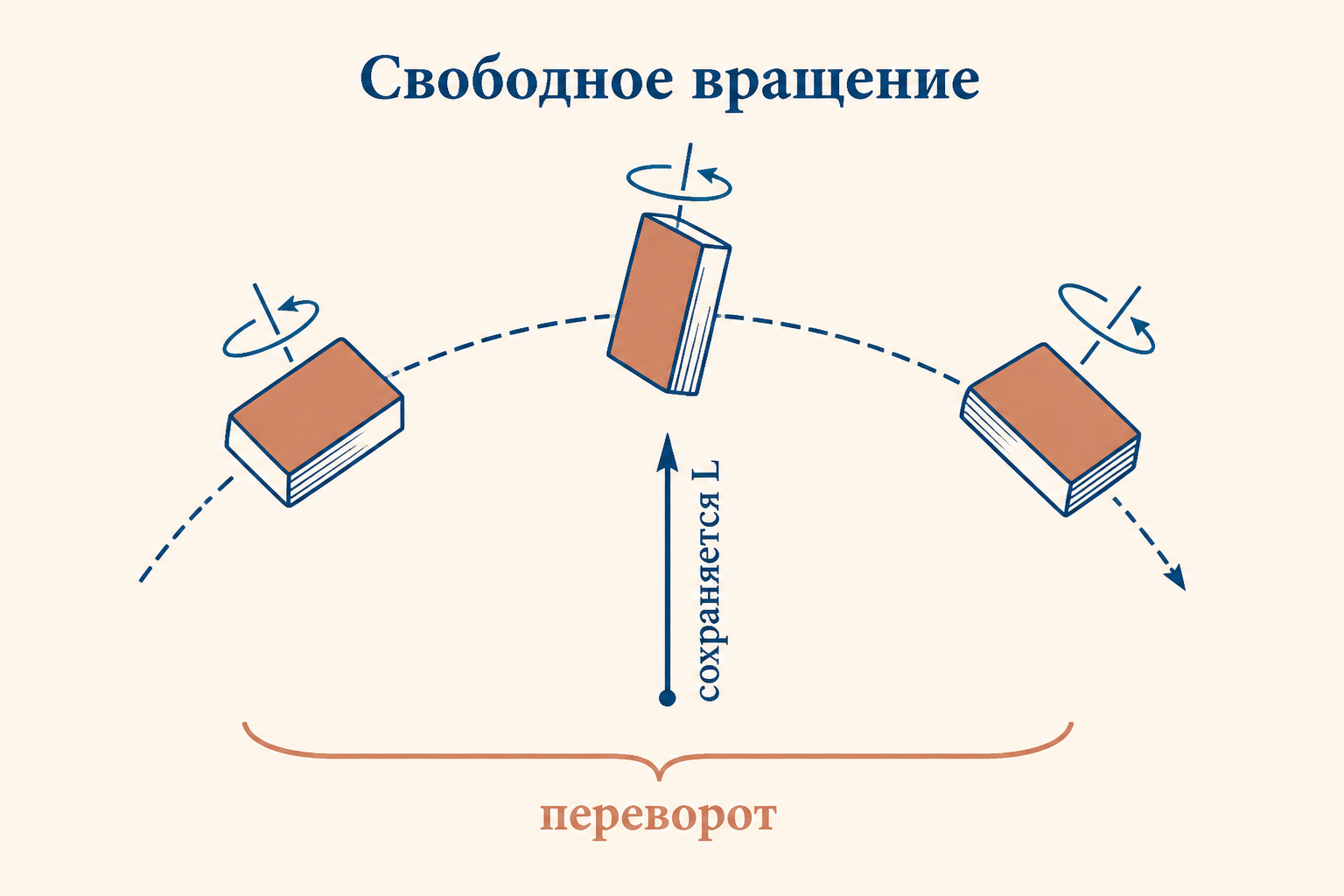 Свободное вращение тела сохраняет момент импульса и кинетическую энергию, но направление угловой скорости в теле может меняться