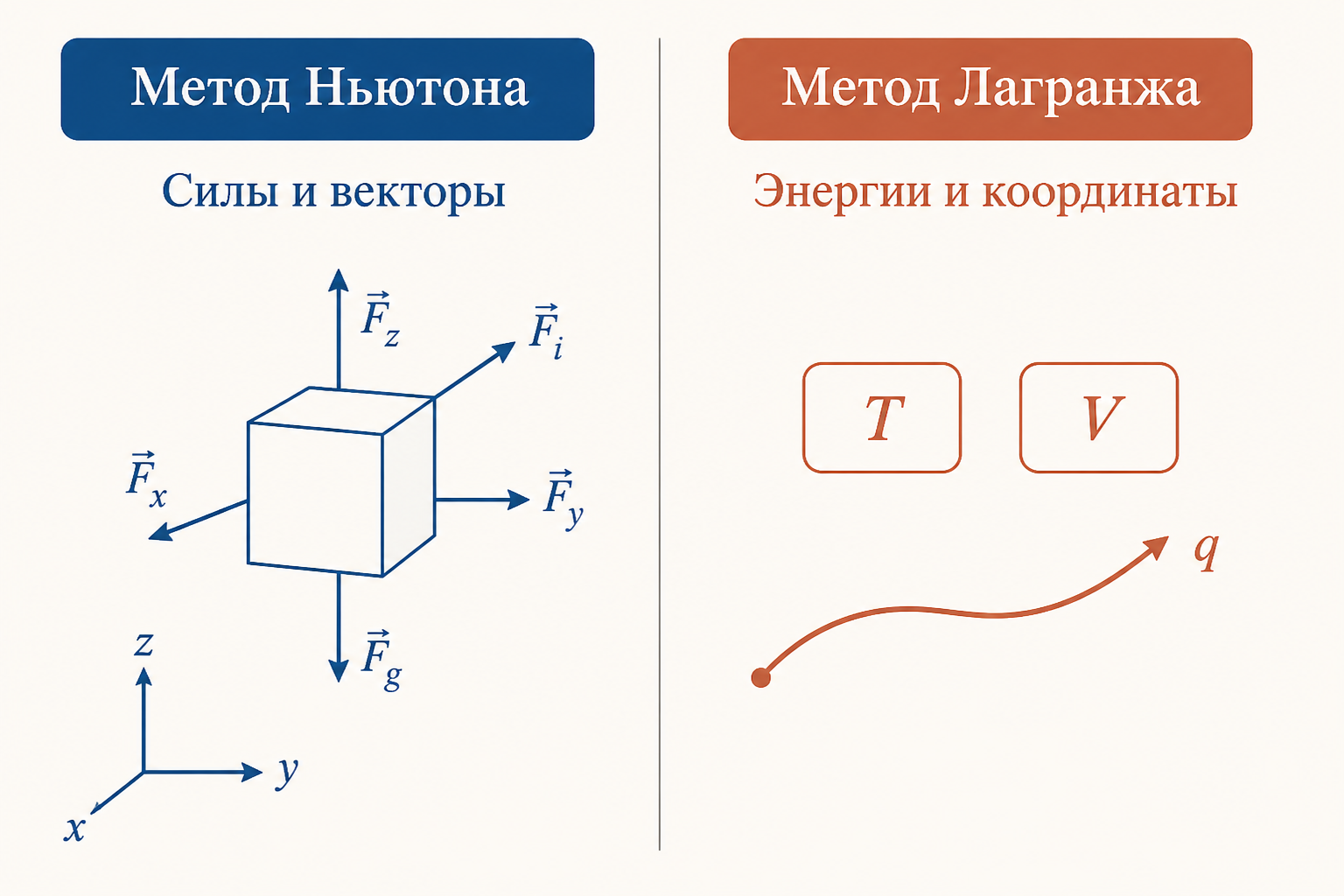 Сравнение подхода Ньютона через силы и векторы с подходом Лагранжа через энергии и обобщённую координату