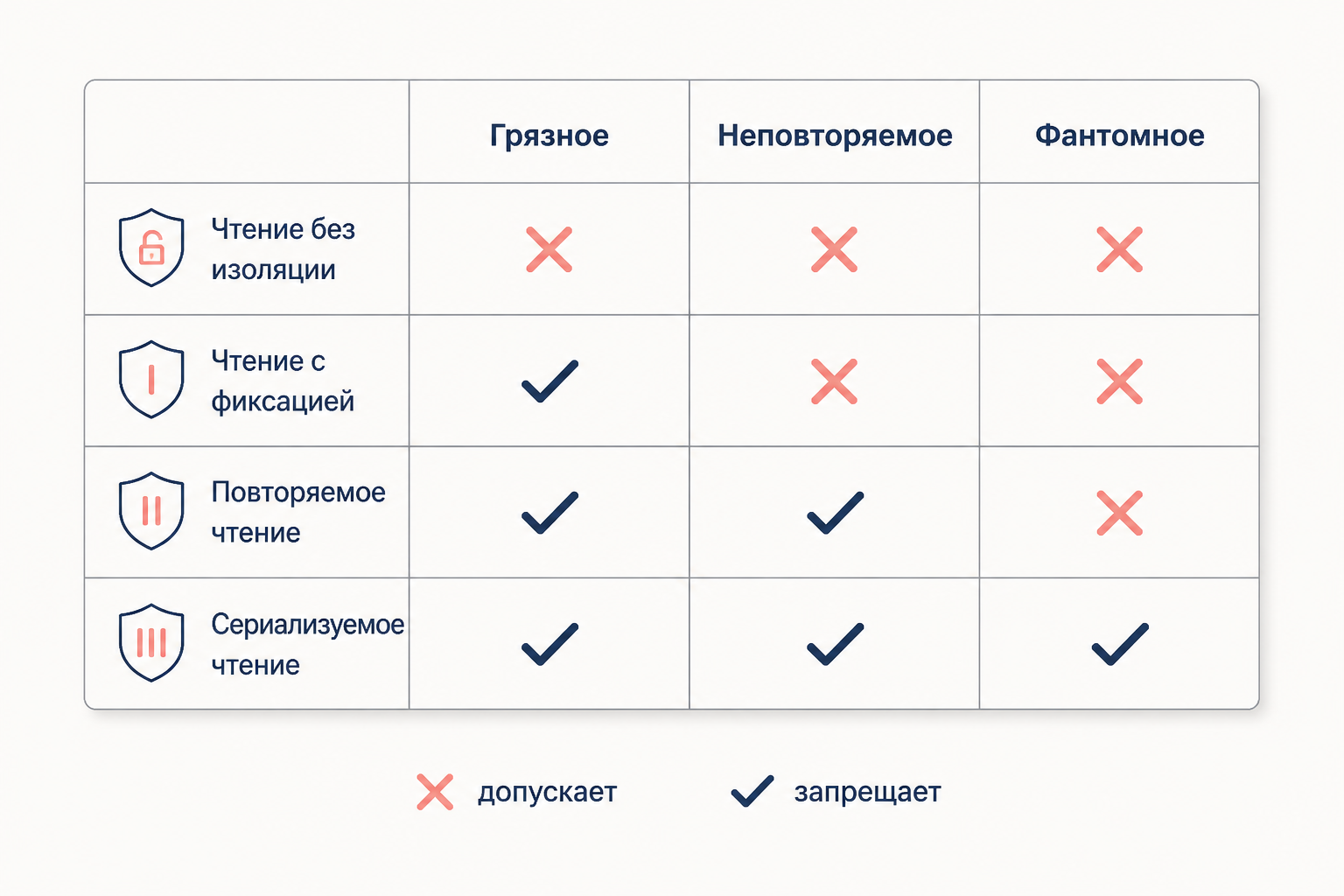 Сравнение четырёх уровней изоляции по допустимым аномалиям в виде таблицы с пометками да и нет