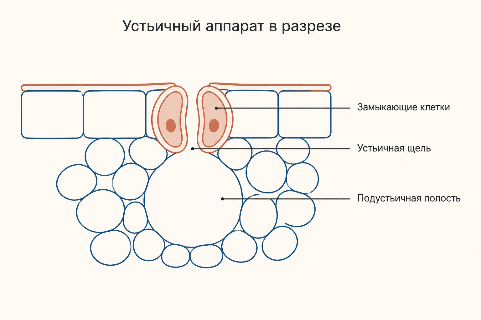 Устьичный аппарат листа: замыкающие клетки, щель и подустьичная полость в разрезе