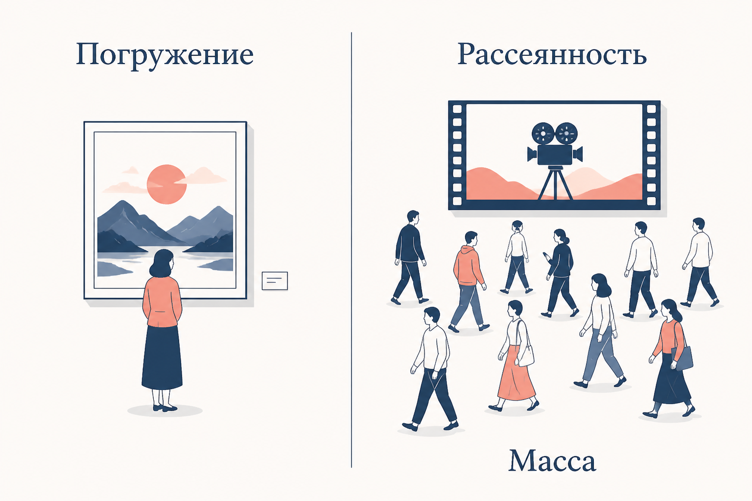 Два режима восприятия: сосредоточенное погружение и массовая рассеянность