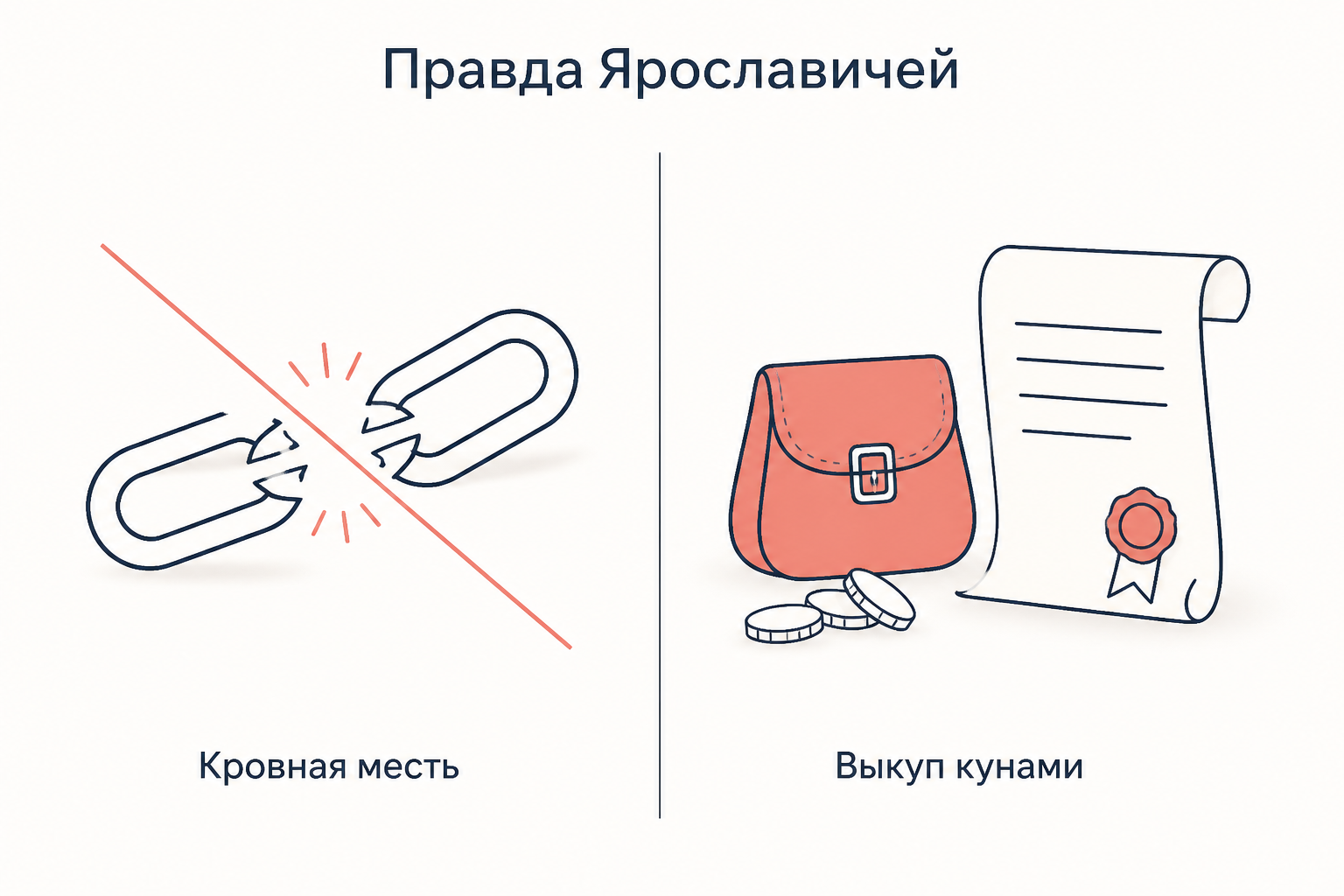 Диптих: перечёркнутое разорванное звено цепи и кошель с монетами рядом с грамотой, кровная месть против выкупа кунами