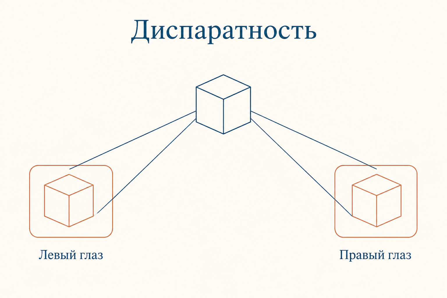 Схема бинокулярной диспаратности: два глаза дают слегка различающиеся проекции одного предмета, разность фиксируется как глубина