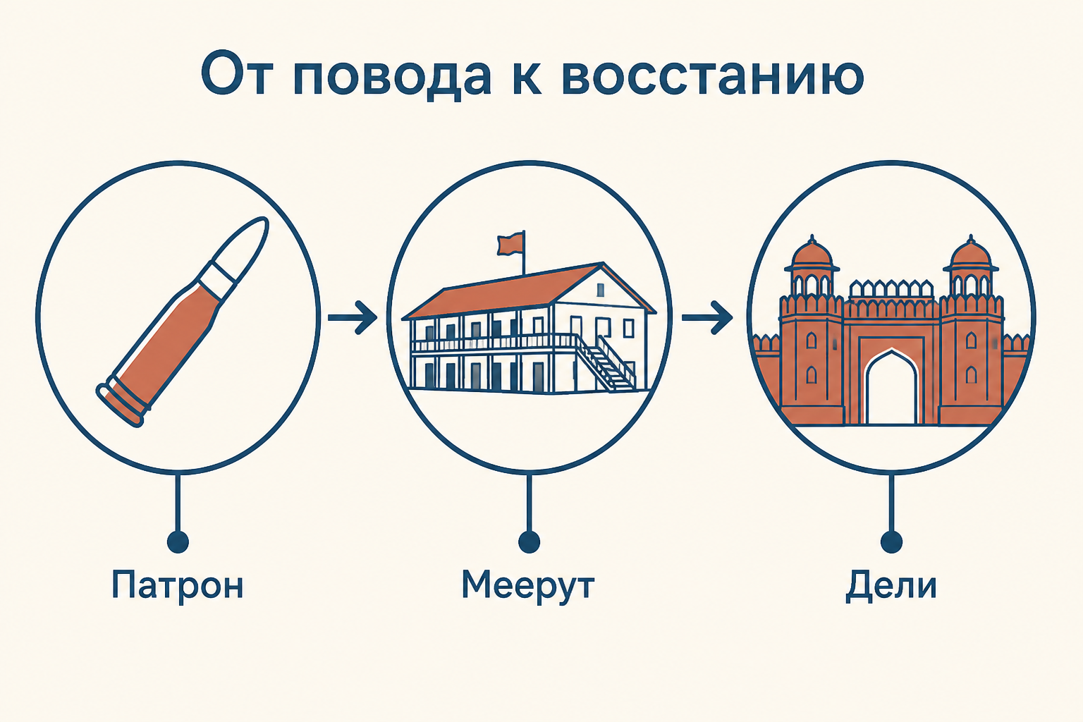 Схема перехода от патронного конфликта к восстанию в Мееруте и Дели