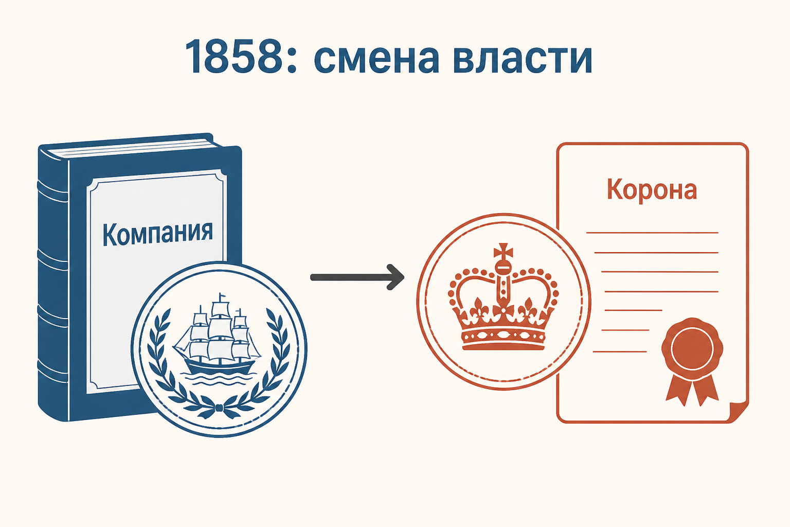 Схема передачи управления от Ост-Индской компании британской короне в 1858 году