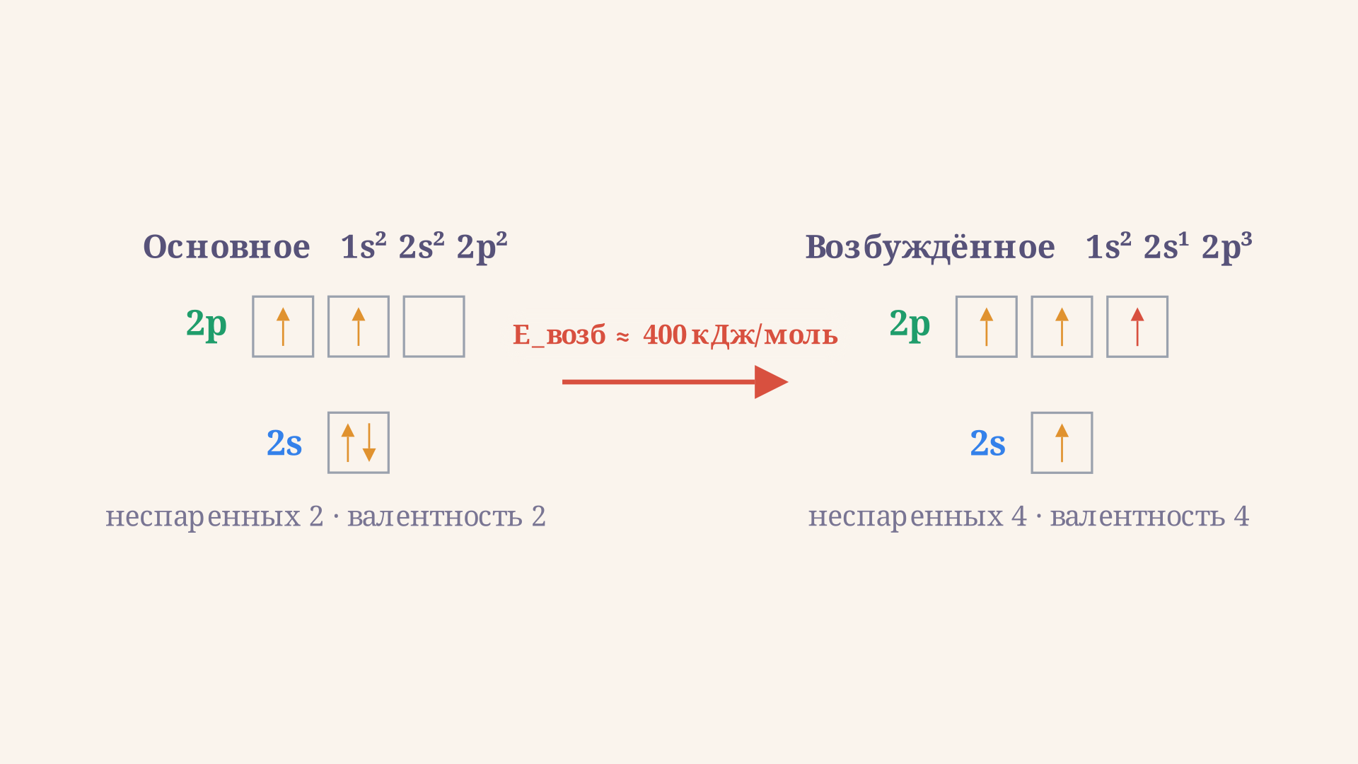 Квантовые ячейки атома углерода: в основном состоянии 2s заполнена парой и неспаренных два, в возбуждённом 2s отдаёт электрон на 2p и неспаренных становится четыре