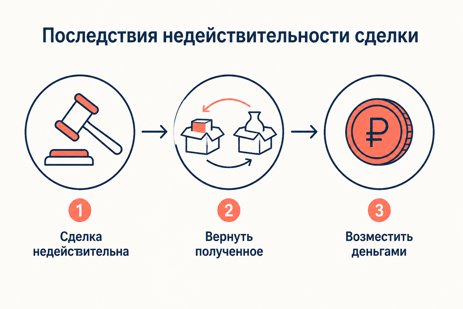 Последствия недействительности сделки по шагам: сделка недействительна, вернуть полученное в натуре, при невозможности возместить деньгами