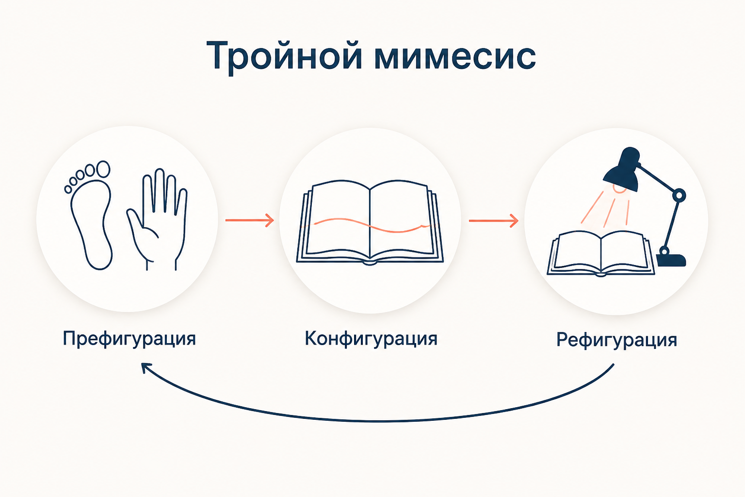 Три стадии тройного мимесиса по Рикёру: префигурация как дорассказовый опыт действия, конфигурация как построение интриги в книге, рефигурация как чтение, и обратная стрелка к жизни