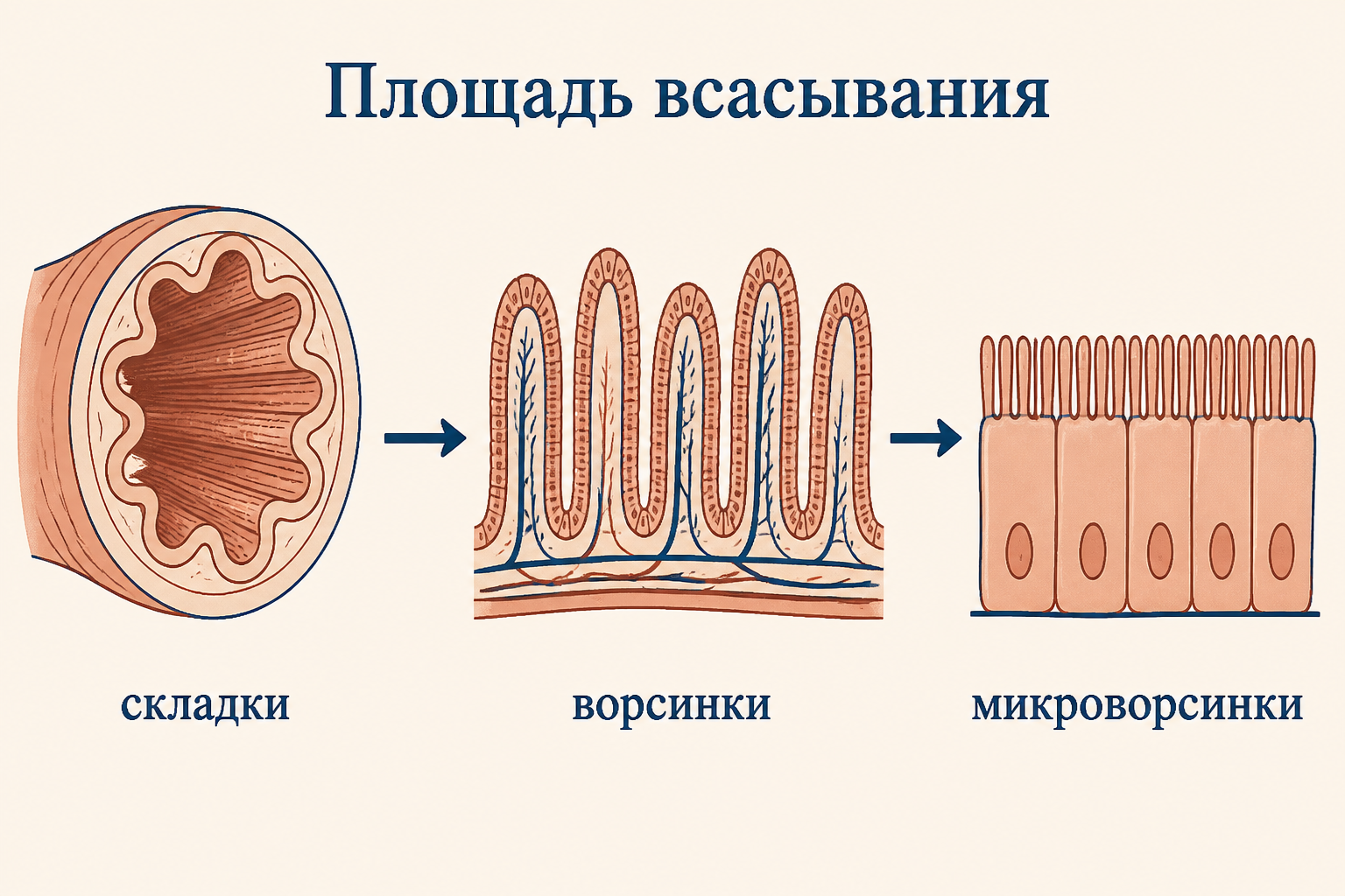 Три уровня складчатости тонкой кишки: круговые складки, ворсинки и микроворсинки увеличивают всасывающую поверхность до сотен квадратных метров