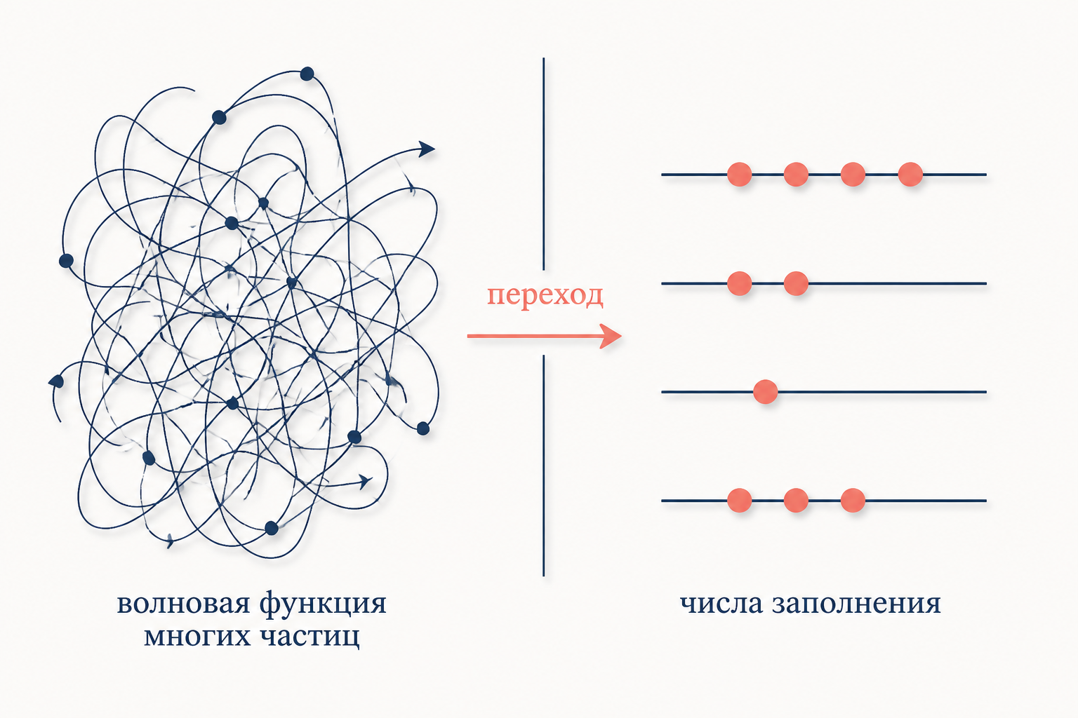 Переход от перечисления частиц к подсчёту заполненности уровней: вместо волновой функции от многих координат остаётся набор чисел заполнения на одночастичных состояниях