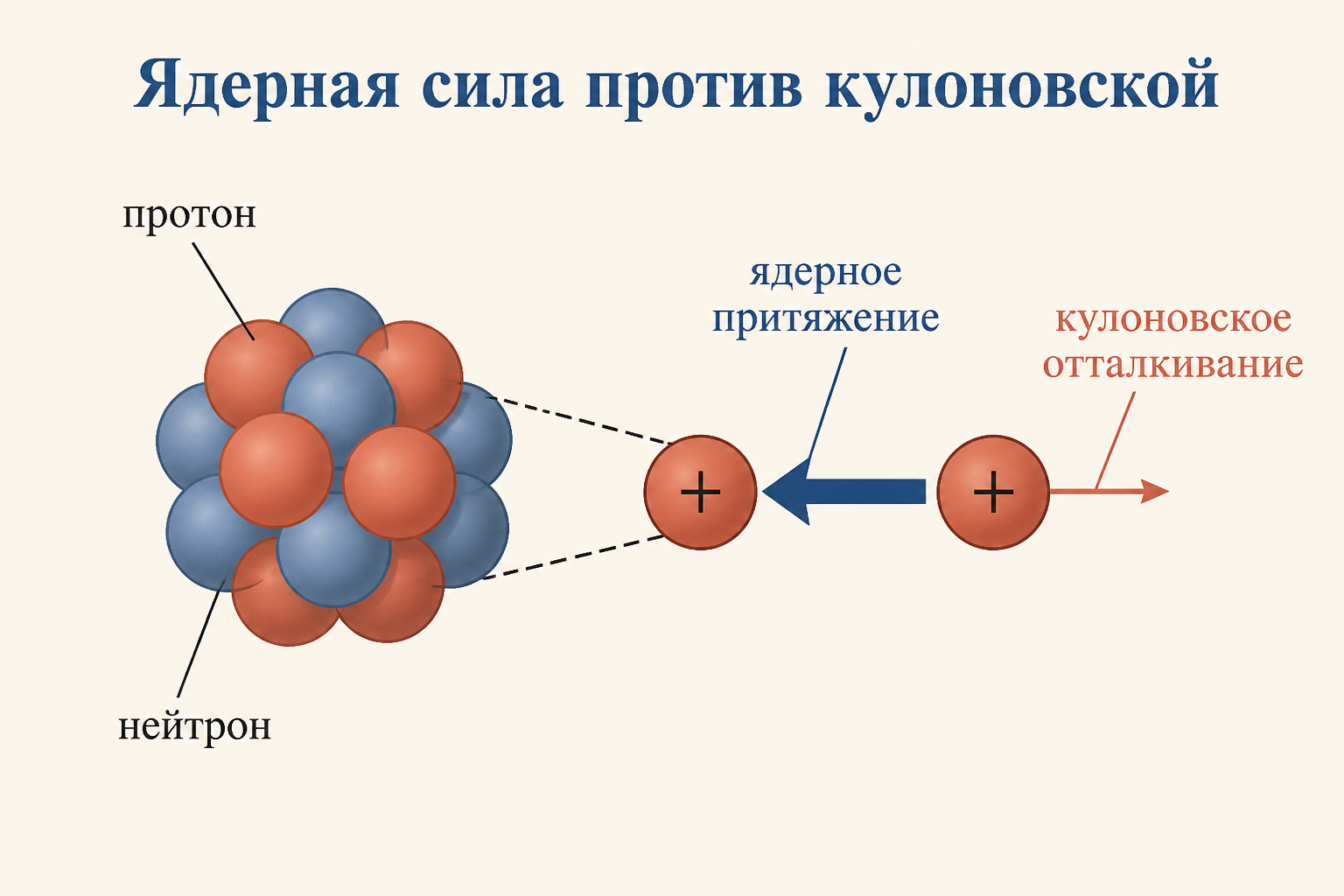 Ядерное притяжение между двумя протонами на малом расстоянии многократно превосходит их кулоновское отталкивание, что и удерживает ядро от распада