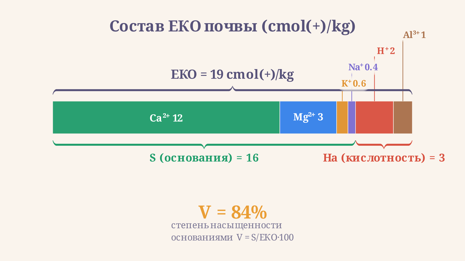 Структура поглощающего комплекса: столбик ЕКО делится на обменные основания кальция, магния, калия и натрия снизу и катионы кислотности водорода и алюминия сверху, рядом подписана степень насыщенности основаниями