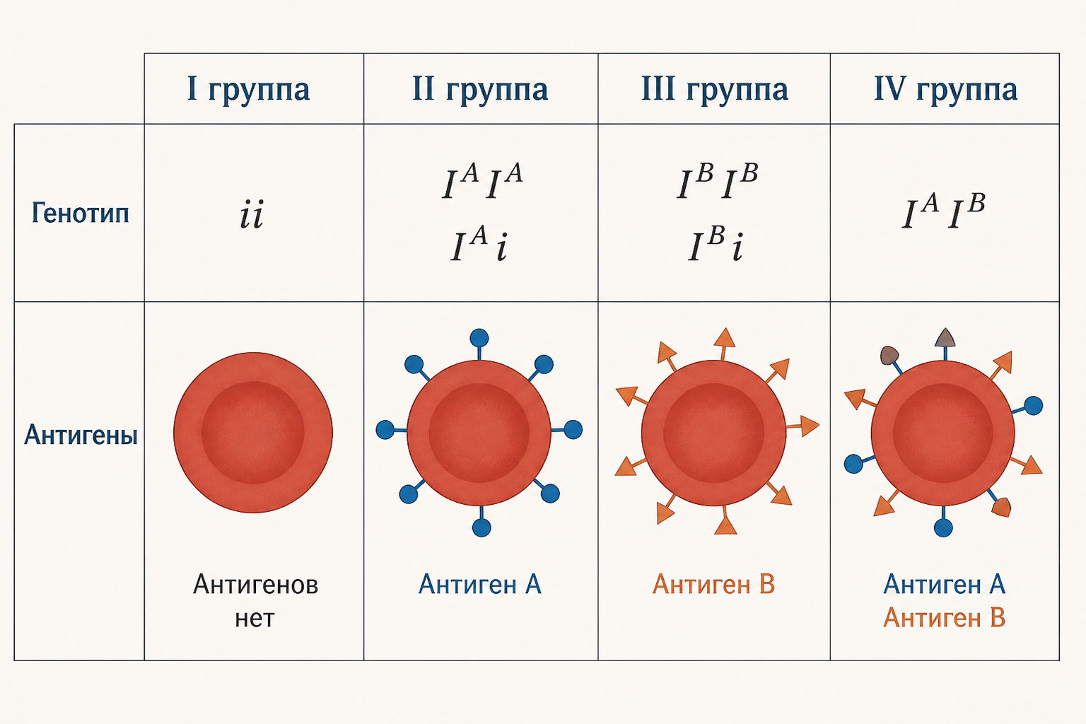 Схема трёх аллелей системы ABO: три аллели одного локуса, таблица «генотип - группа крови» с антигенами и антителами