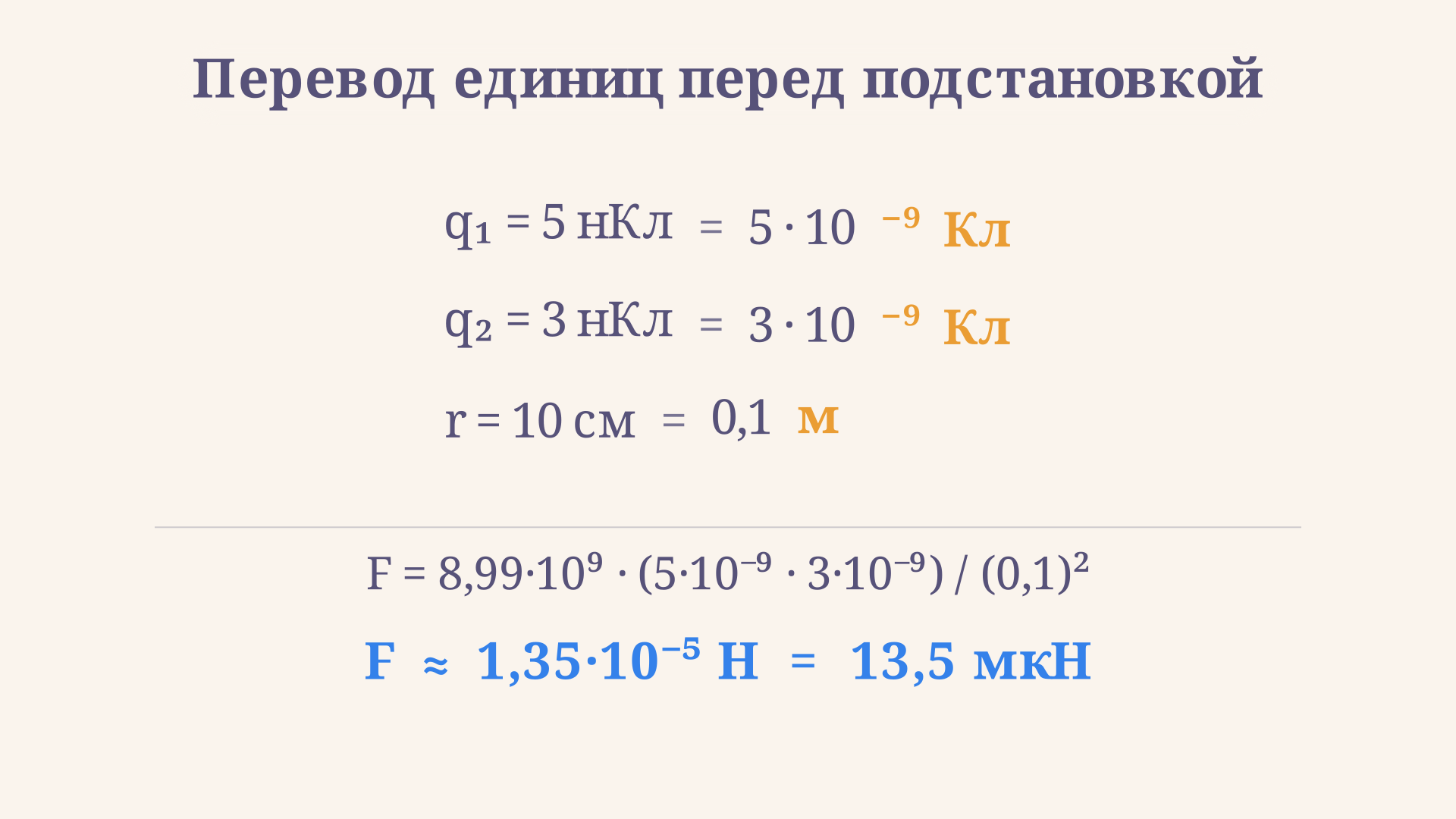 Разбор перевода единиц в законе Кулона: заряды из нанокулон в кулоны, расстояние из сантиметров в метры, и итоговая подстановка в формулу силы