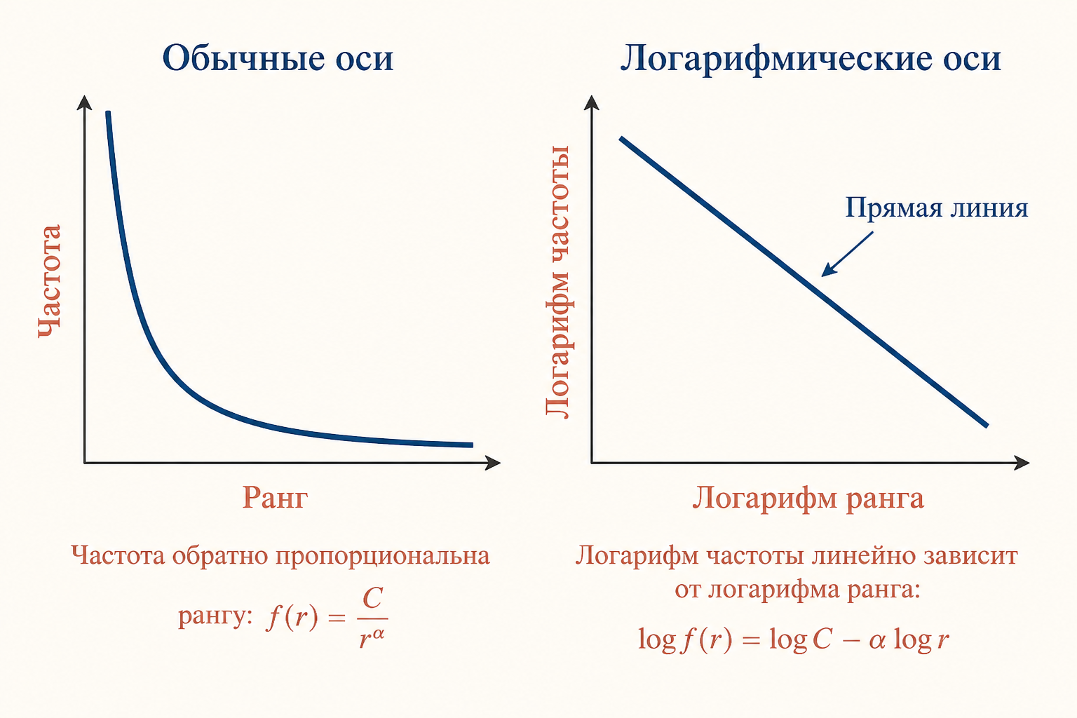 Сравнение обычных и логарифмических осей для закона Ципфа