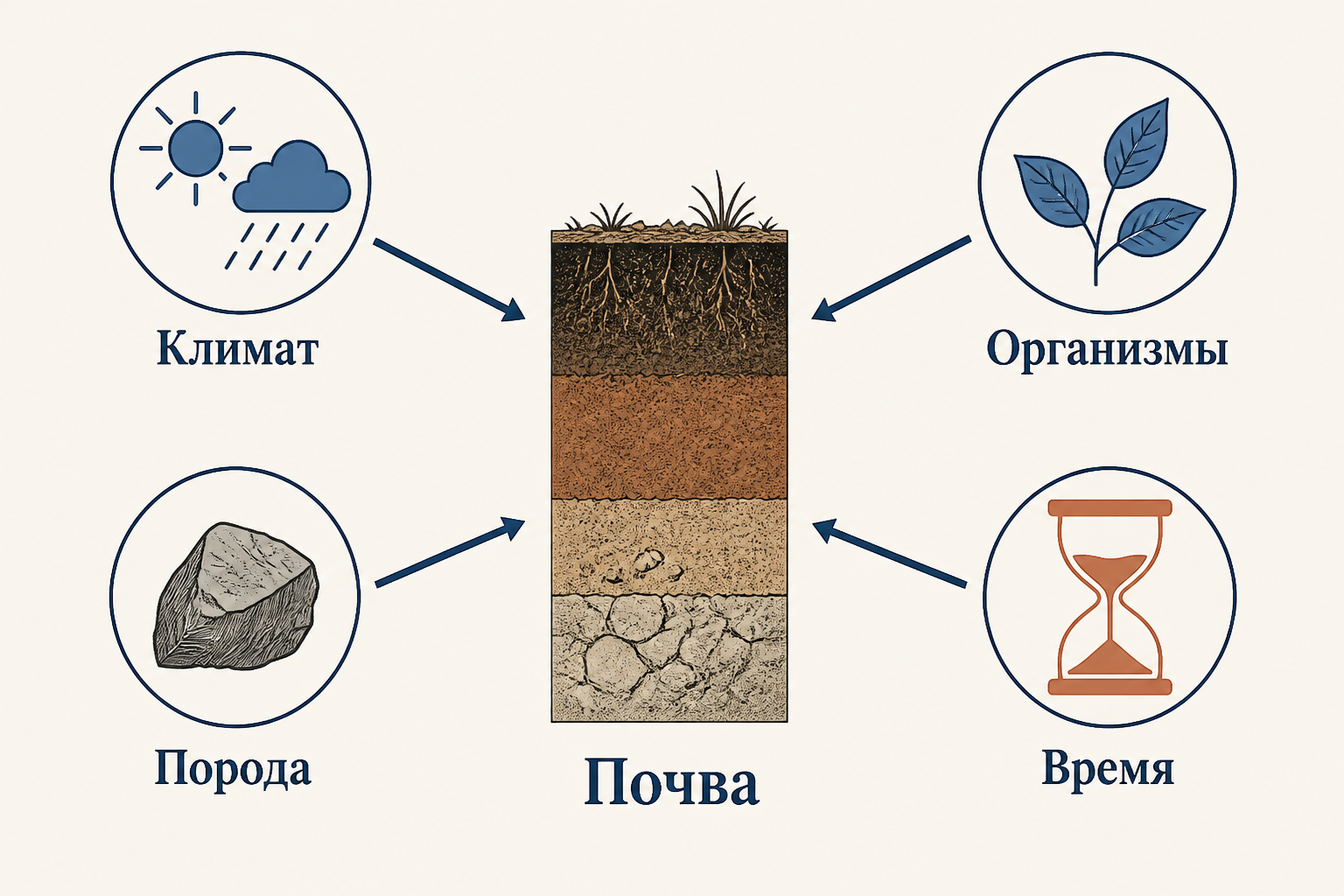 Цепочка факторов почвообразования, ведущих к почвенному профилю