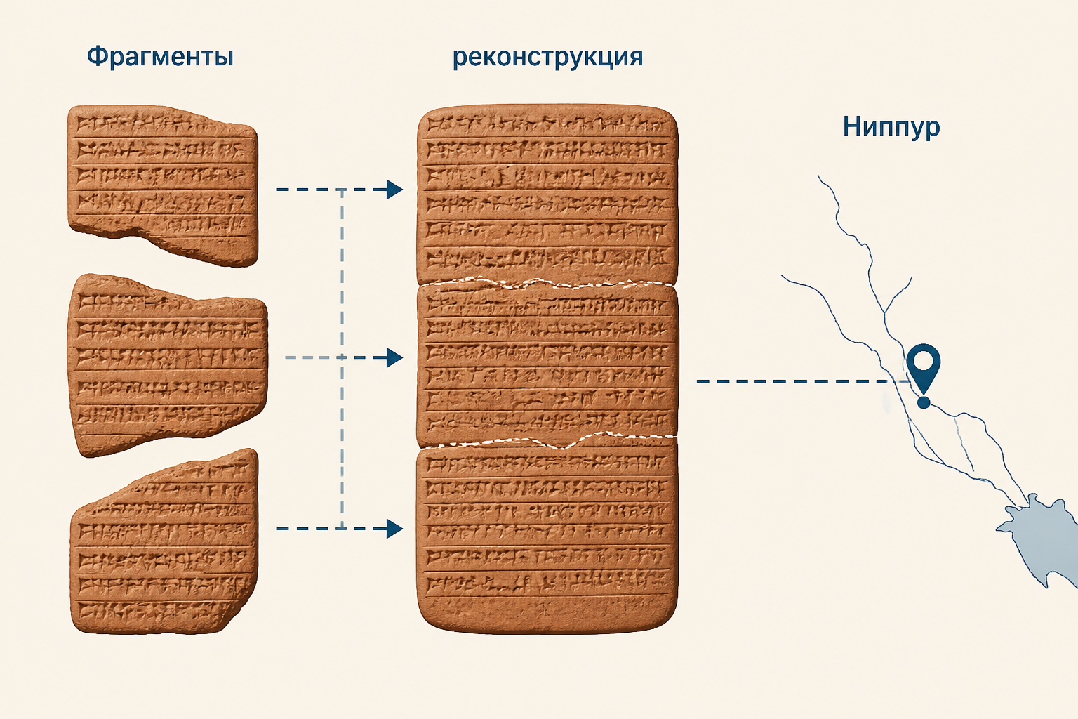Схема находки законов Ур-Намму: фрагменты глиняных табличек из Ниппура складываются в реконструированный текст