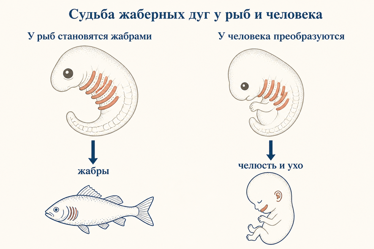 Сравнение: у рыб жаберные дуги становятся настоящими жабрами, у человека преобразуются в челюсть, слуховые косточки и структуры шеи