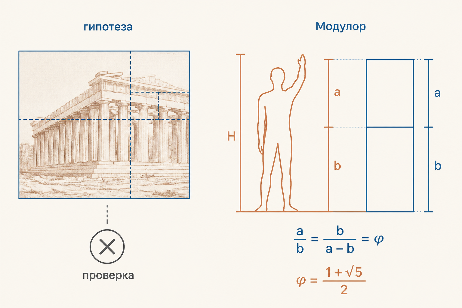 Сопоставление гипотезы о золотой сетке на Парфеноне с документированным проектным применением пропорции в Модулоре
