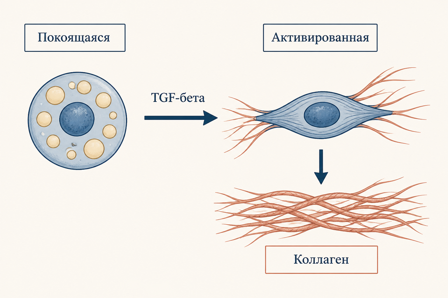 Активация HSC: покоящаяся клетка, TGF-бета, активированный миофибробласт, синтез коллагена